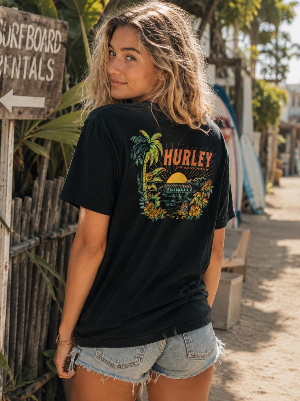 Hurley Black 100% Cotton Sunset Palm Tree Back Graphic Tee Shirt